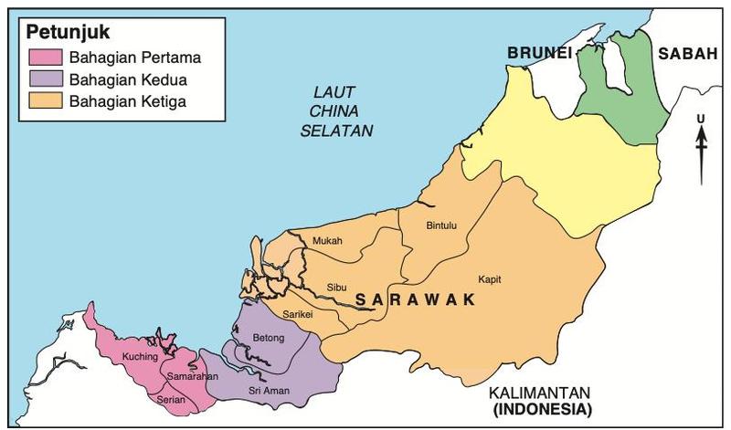 Peta Sarawak menunjukkan Bahagian Pertama (merah jambu), Bahagian Kedua (ungu) dan Bahagian Ketiga (jingga)