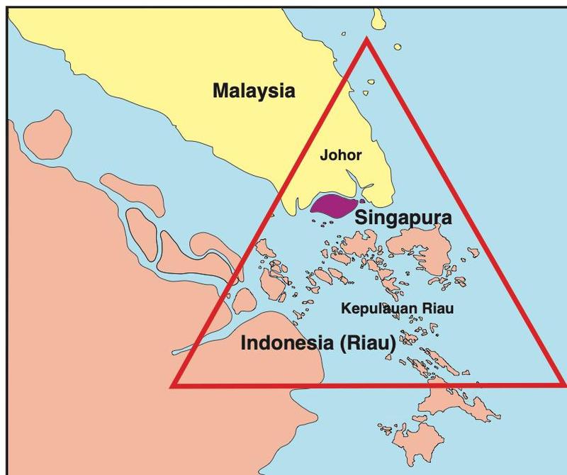 Peta segi tiga merah yang merangkumi Johor, Singapura dan Kepulauan Riau
