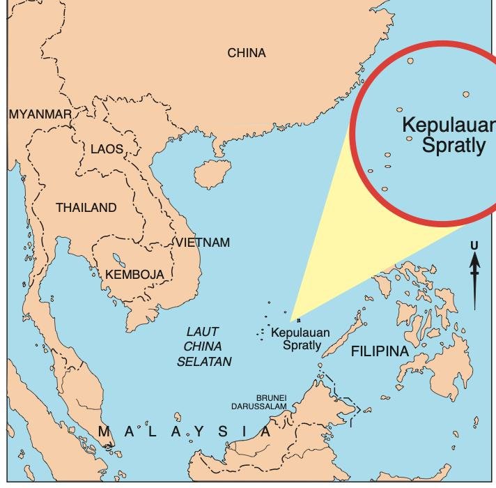 Peta Laut China Selatan menunjukkan Kepulauan Spratly di antara Vietnam, Filipina dan Malaysia